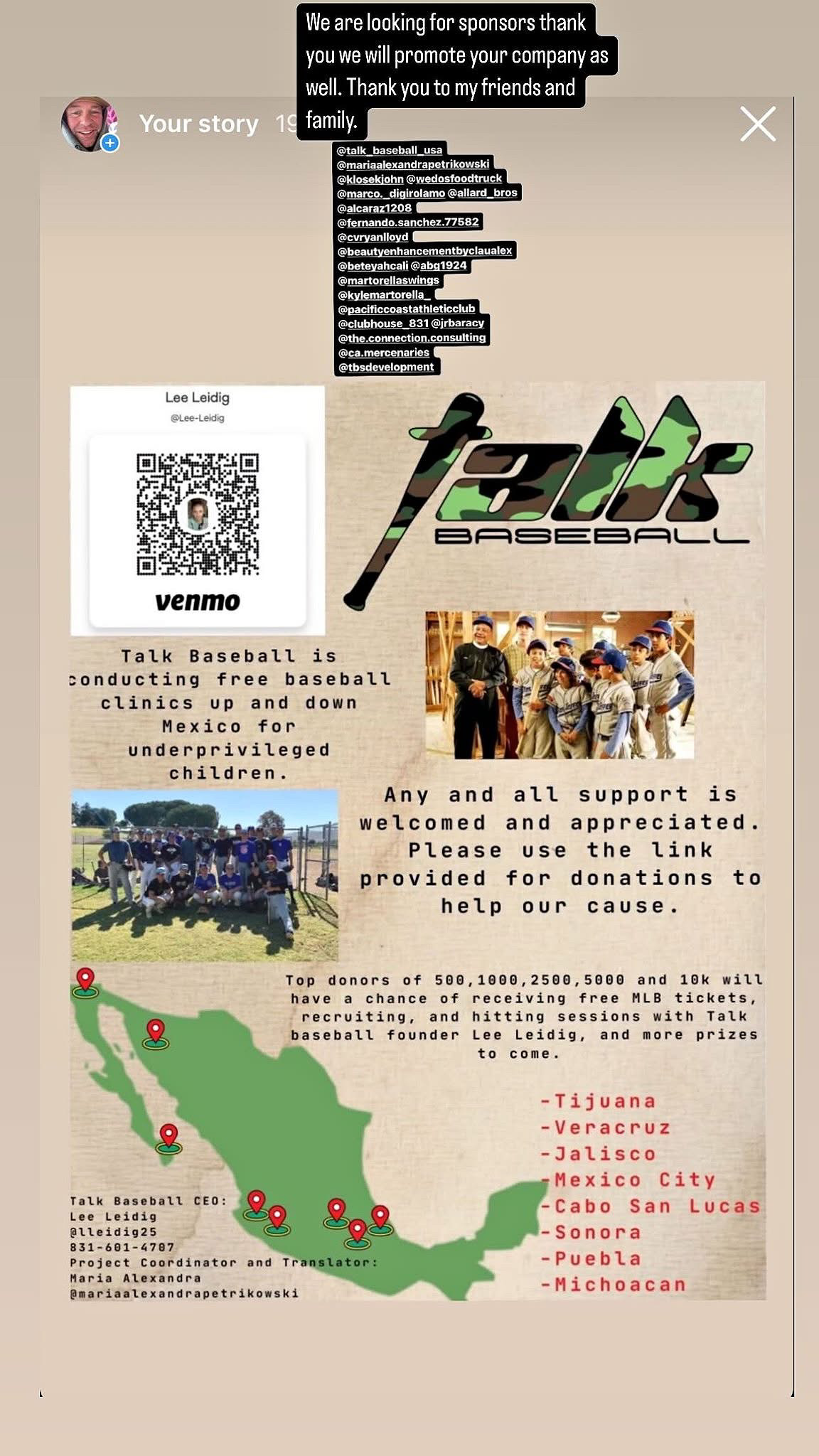Lee’s Instagram story with the Talk Baseball Mexico camps flyer, camp photos, and sponsor information.